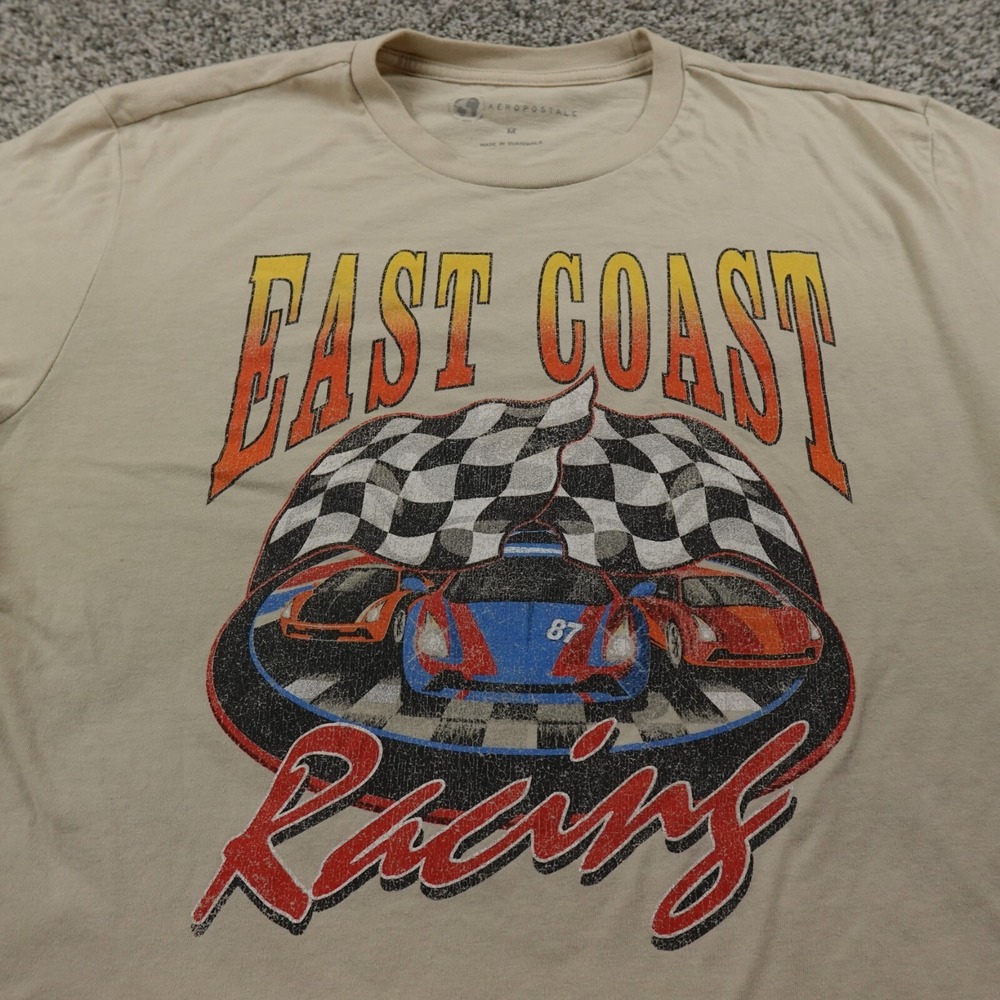 Aeropostale Shirt Mens M Beige Racing Car Racecar Flag Graphic Logo Short Sleeve